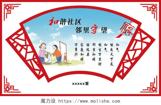 社区打造和谐社区邻里守望和谐社区中国风展板设计